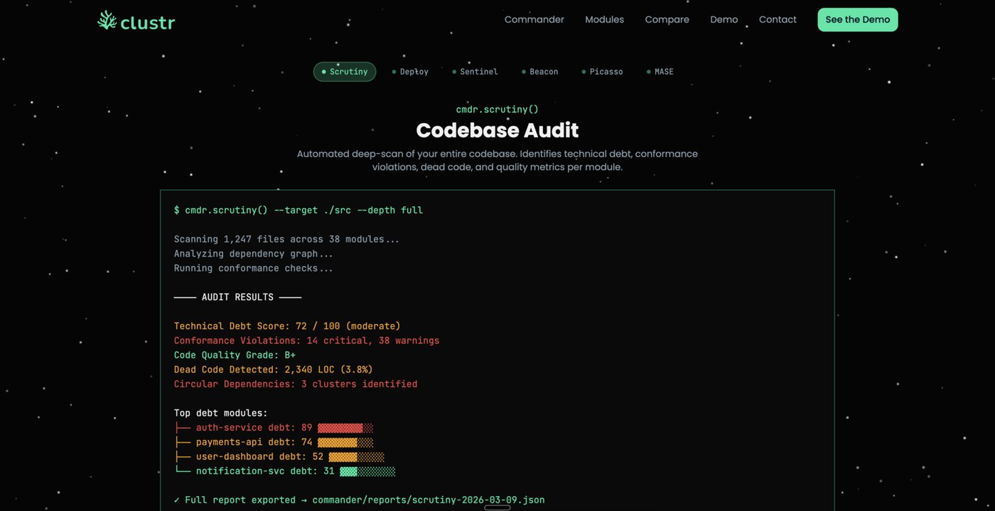 Commander dashboard showing test coverage, telemetry and audit results for a codebase